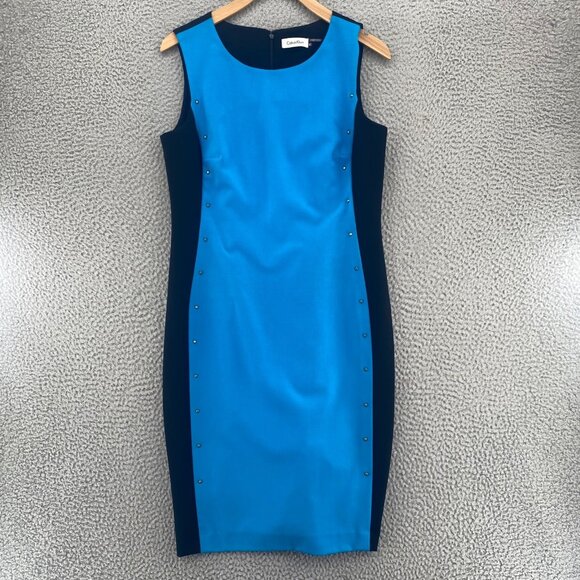 Calvin Klein Dress Womens 6 Blue Colorblock Sheath Rivet Studded Career Office - Picture 1 of 10
